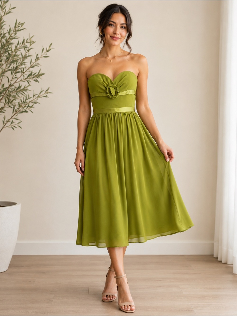 Kay Unger New York Strapless Olive Green Midi Dress with Rosette Detail -  Silk